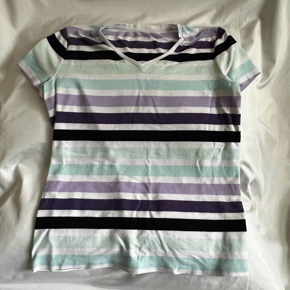 Croft and Barrow Classic Tee Striped Short Sleeve Womens Top Purple Mint Black M